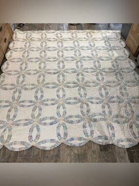 Vtg JCPenney Double Wedding Ring Cotton Quilt Floral Scalloped 92x103 King Queen